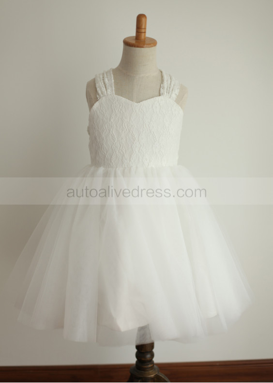 Ivory Lace Tulle Cross Back Flower Girl Dress